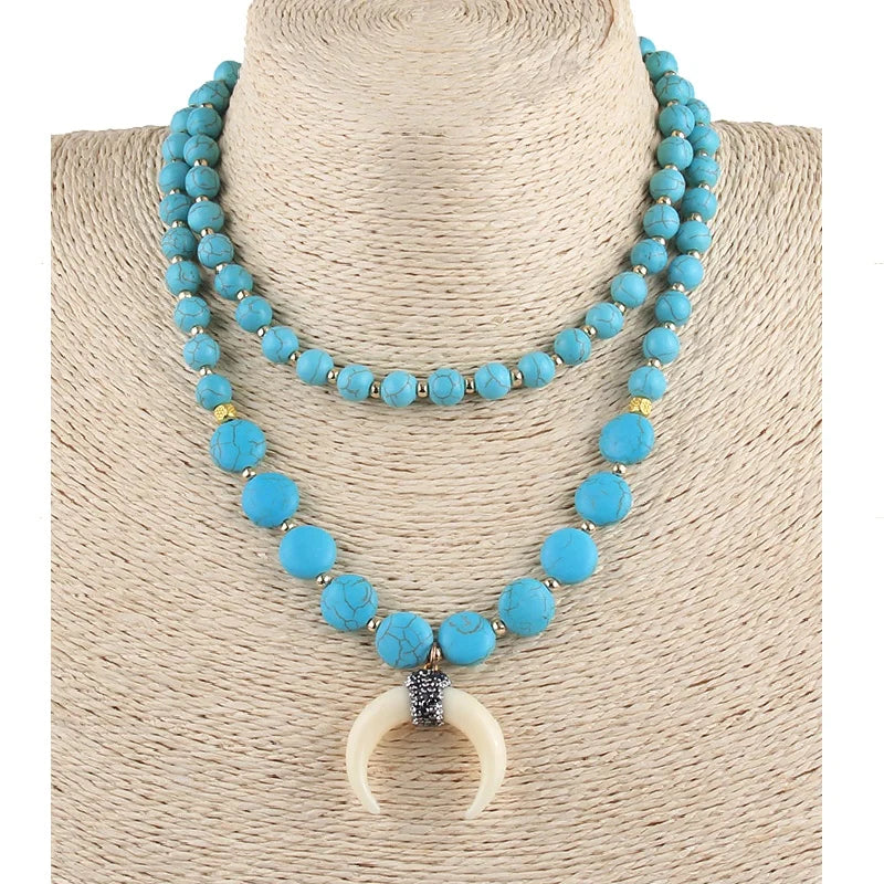 Fashion Jewelry 2 Layer 8mm Blue White Turquoise Flat Bead Necklace Resin Moon Ox Horn Pendant Choker Necklace Western Jewelry