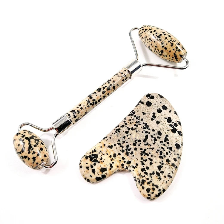 2026 Hot Sell 2 in 1 Vibrating Jade Facial Massager Roller Set Electric Dalmation jasper Roller for Face