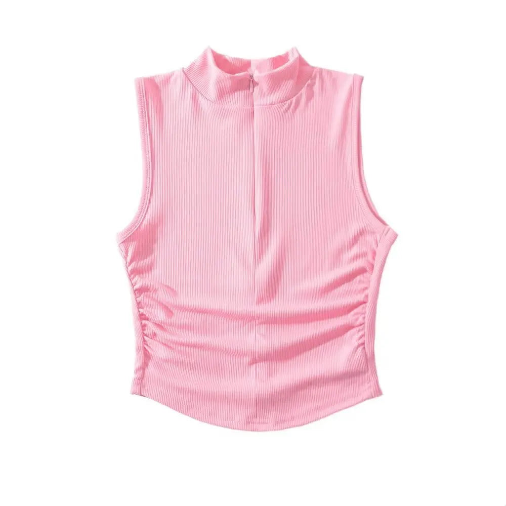 Sleeveless Fold  Women's T-Shirts 100% Cotton Custom logo Blank High Collar Tshirt