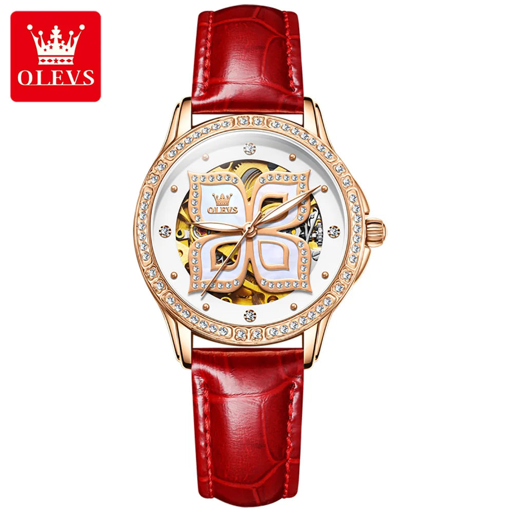 OLEVS 6612 Customized Women Causal Mechanical Watch Coated Glass Genuine Leather Wrist Automatic Ladies Watch