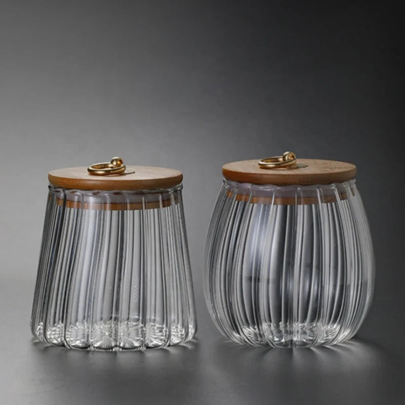 Candy Bottle Vertical Stripes Storage Box Food Storage Container Sugar Jar Crystal Pumpkin Glass with Bamboo Lids 750ml 650ml