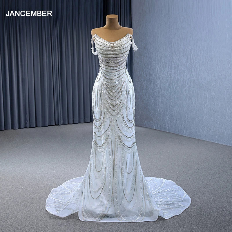 Luxury Strapless Pearl Sequins and Diamonds Beautiful White Wedding Dress Bridal Gown for Women RSM231139