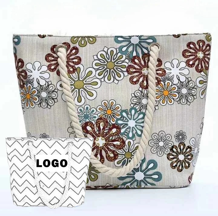 Custom logo New Flower Tourism Shopping Square Women's Canvas Rope Handle Tote Beach Bags