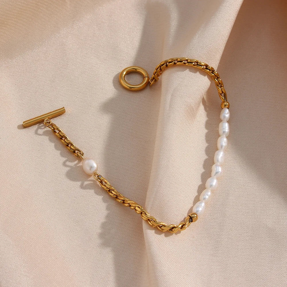 Trendy New Design 18K Gold Plated Waterproof OT Buckle Freshwater Pearl String Stainless Steel Bracelet