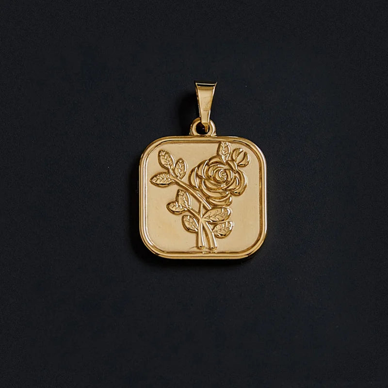 Boho Style Rose Pendant Gold Plated Stainless Steel Rose Flower Square Tags Pendant Necklace Women Jewelry Gift