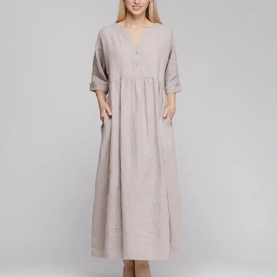 Enyami Plain Soft Cotton Linen Belt Long Sleeves Maxi Women's Linen Summer Loose Women Maxi Long Dress