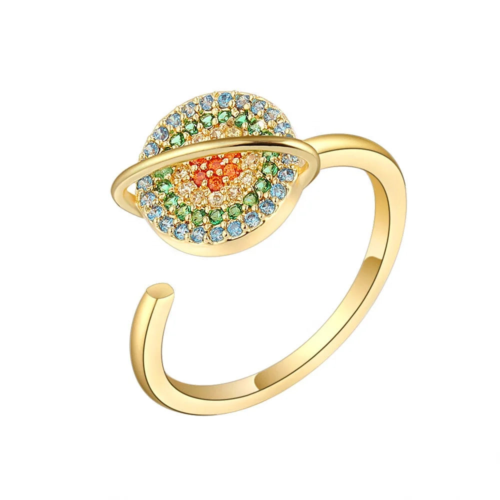 Trendy S925 Sterling Silver Gold & Rhodium Plated Rotating Planet Design Fidget Spinner Anxiety Rings