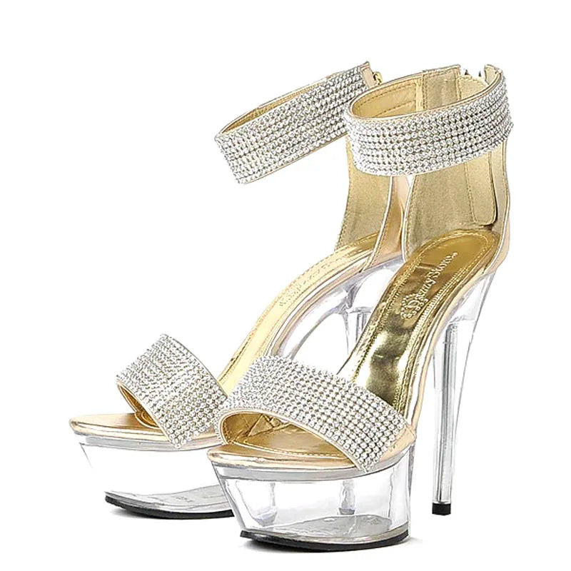 15 cm Pole Dance High Heels Silver Banquet 6Inch Party Crystal Transparent Stiletto Club Striptease Platform Leaky Toe Sandals