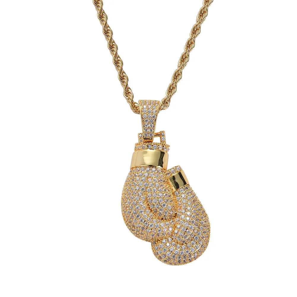 Duyizhao Hip Hop Pendants Boxing Gloves-shape Brass Micro Pave CZ Men Rapper Gold Pendant With Rope Chain Necklace Set Jewelry