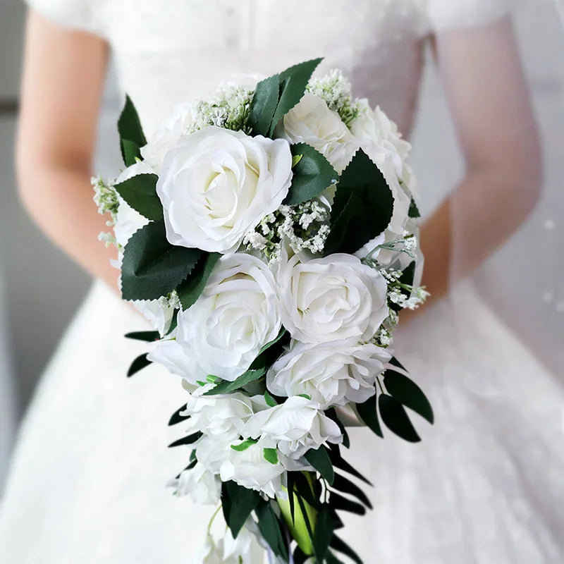 M617 Custom Luxury Rustic White Hot Pink Wedding Flower Bridesmaid Holding Rose Artificial Bridal Bouquet for Brides