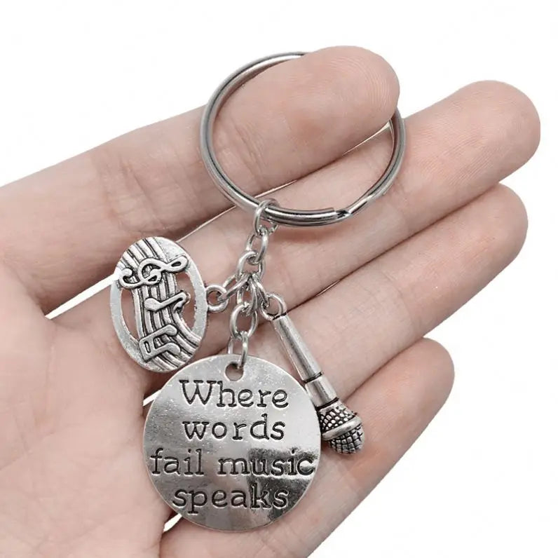 Microphone Musical Instrument Keychain Musical Note Teacher Instrument Lover Where Words Fail Music Speaks 3D Metal Key Chains
