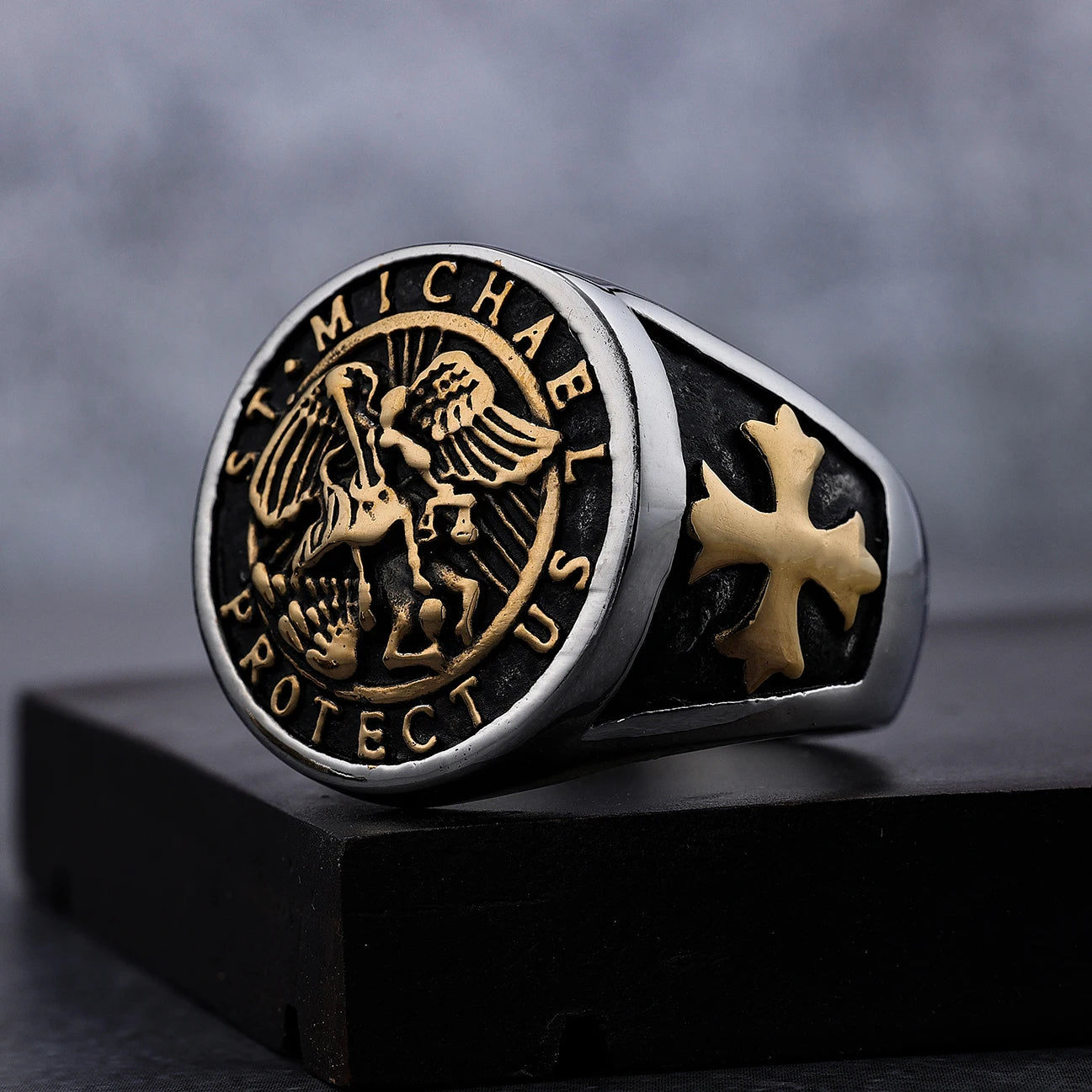 St Michael Ring the Great Protector Archangel Defeating Satan Figurine Stainless Steel Amulet Ring for Men