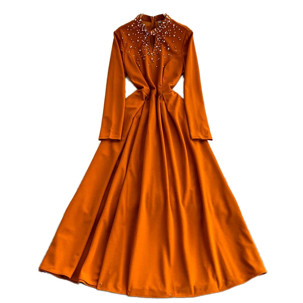 Women's Plus Size Eco-Friendly Midi Dress Elegant Long Sleeve Stand Collar Empire Beaded Hollow Lace Casual Wear Summer Vestidos