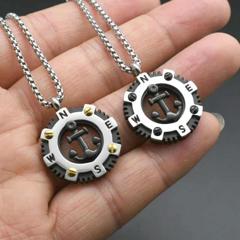 Factory Price PVD Black Plated 316L Stainless Steel Mariner Anchor Hollow Gear Pendant Necklace for Men