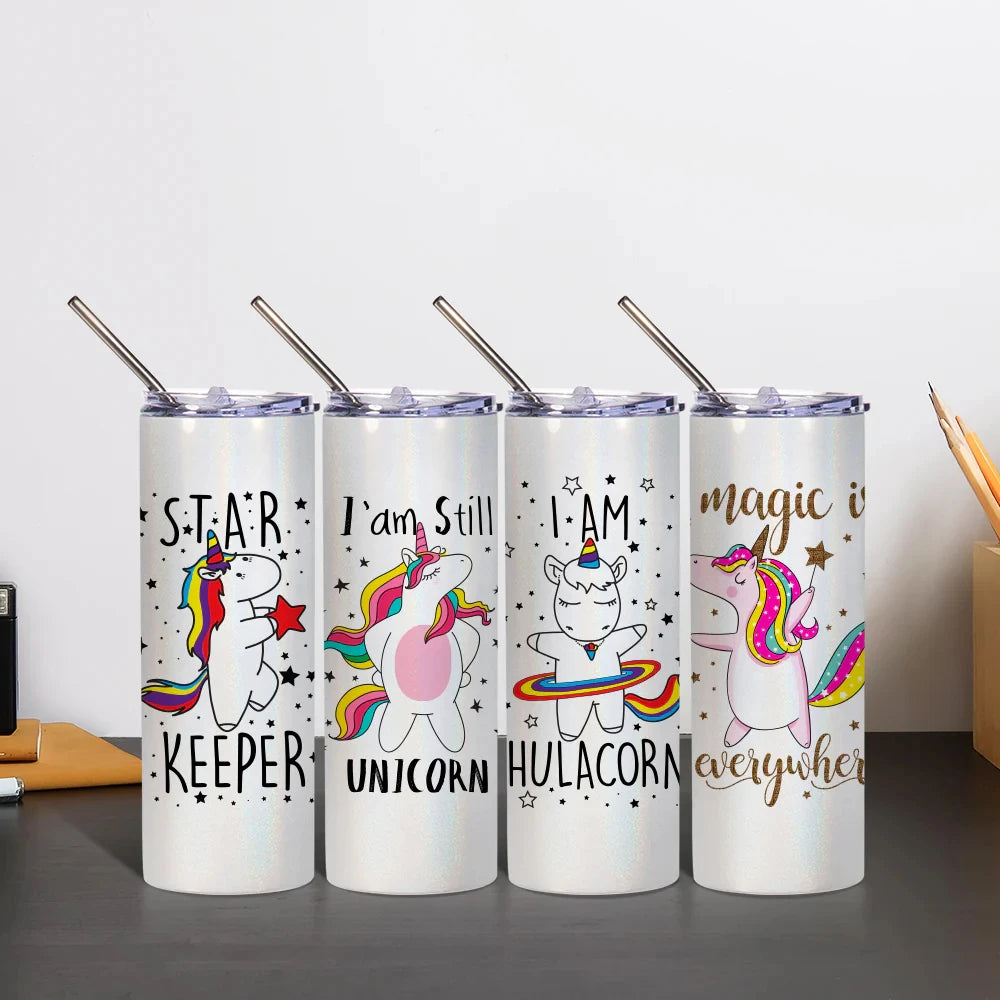 PYD Life USA Warehouse 4 Pack 20oz Glitter Rainbow Sublimation Skinny Tumbler Double Walled Stainless Steel With Straw