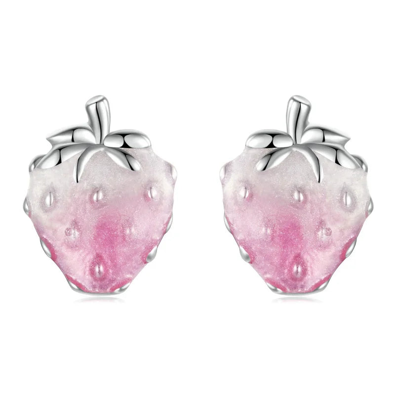 Hot Sale Shiny Pink Strawberry Stud Earrings 925 Sterling Silver Fine S925 Silver Jewelry with Zircon for Weddings and Gifts