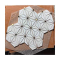 Thassos White Marble Mosaic Inlay with Gold Brass Dots in Waterjet Tile Modern Interior Wall Design for Hotel Use Parquet Style