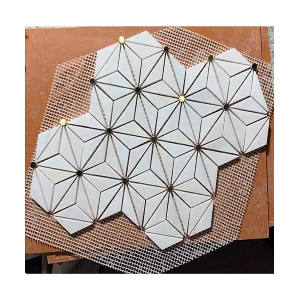 Thassos White Marble Mosaic Inlay with Gold Brass Dots in Waterjet Tile Modern Interior Wall Design for Hotel Use Parquet Style