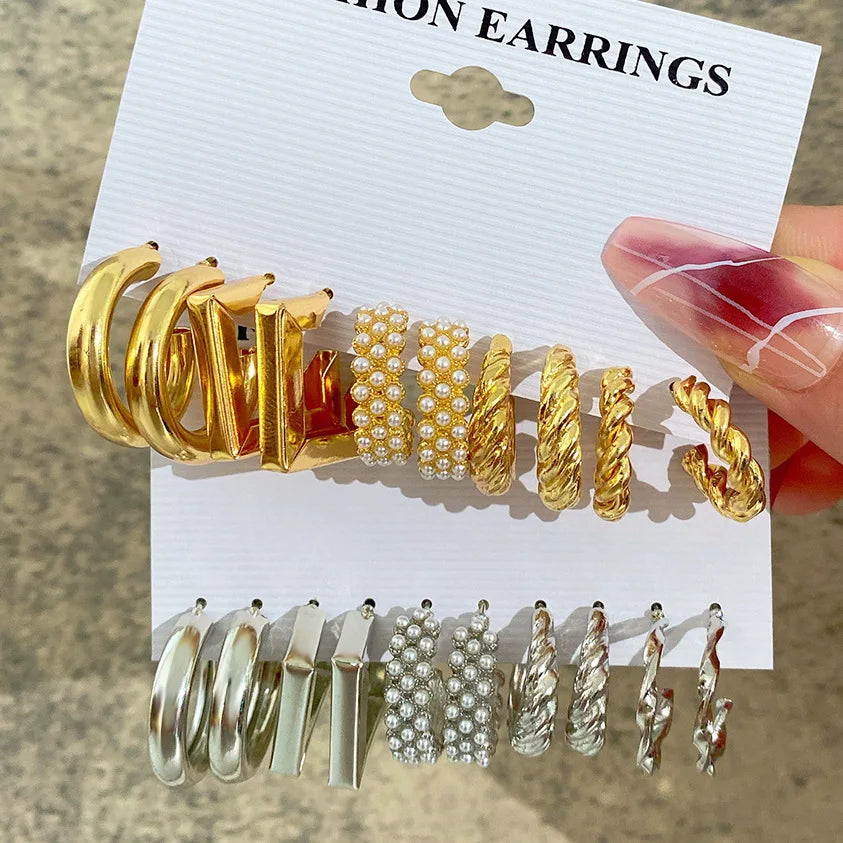 GT 5pcs C-shaped Geometric Earring Set French Retro Style Creative Pearl Hoop Earring Sets for Women
