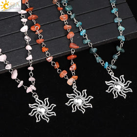 CSJA Wholesale Red Black Pink Quartz Amethysts Citrine Natural Stone Sun Pendant Crystal Chip Necklace for Girl Women H288