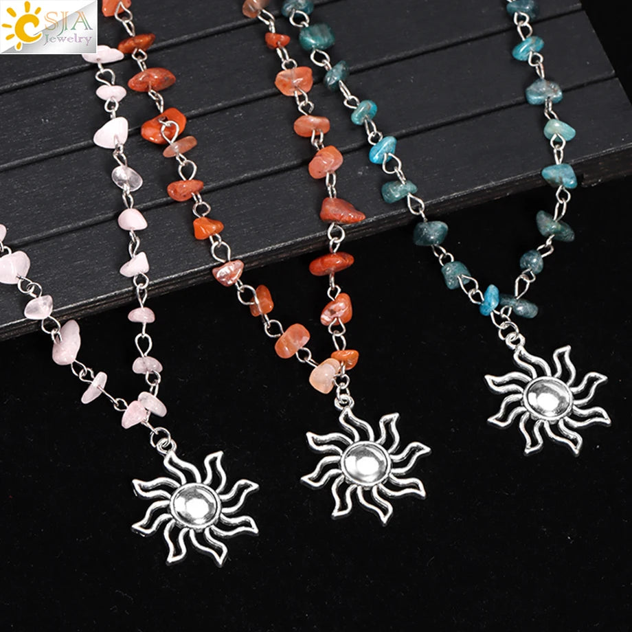CSJA Wholesale Red Black Pink Quartz Amethysts Citrine Natural Stone Sun Pendant Crystal Chip Necklace for Girl Women H288