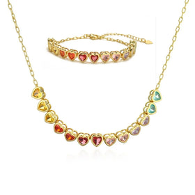 High Quality Stainless Steel Rainbow Colorful Heart Zircon Pendant Necklace and Bracelet Women's Jewelry Set for Wedding Party