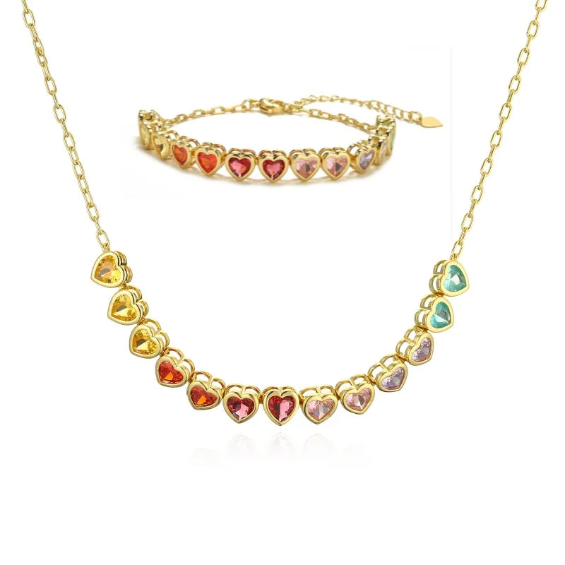 High Quality Stainless Steel Rainbow Colorful Heart Zircon Pendant Necklace and Bracelet Women's Jewelry Set for Wedding Party