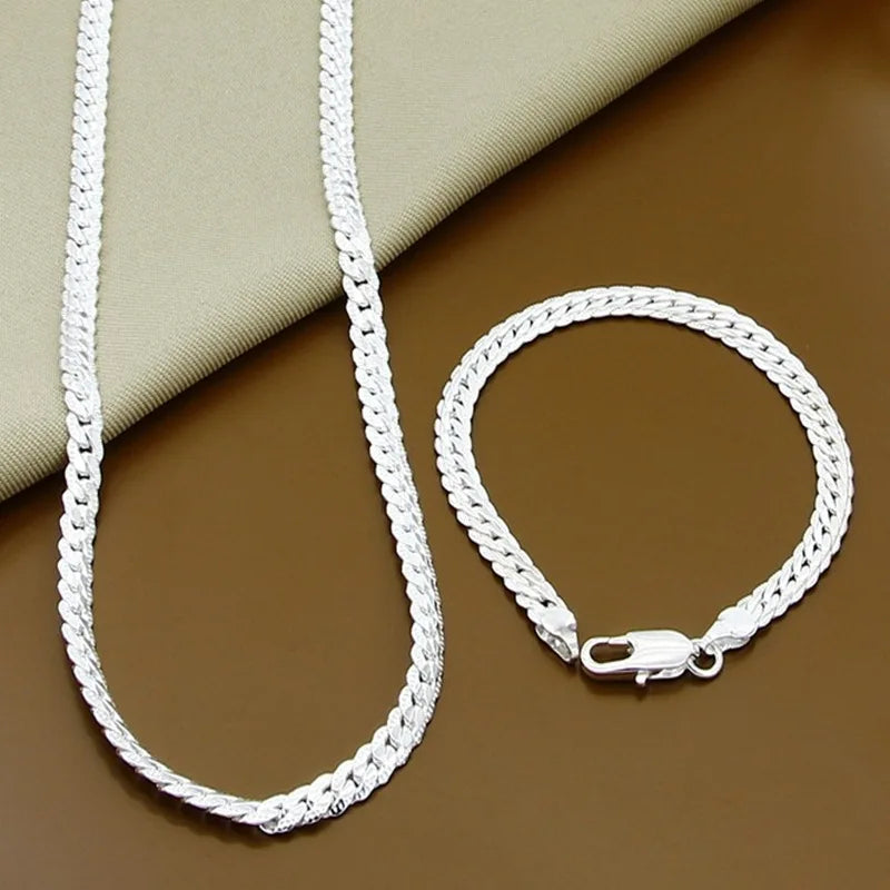Fashion Fine Jewelry Simple 5mm Chain Stackable Necklace Full Side Flower Chain Bracelet Necklace Set for Women