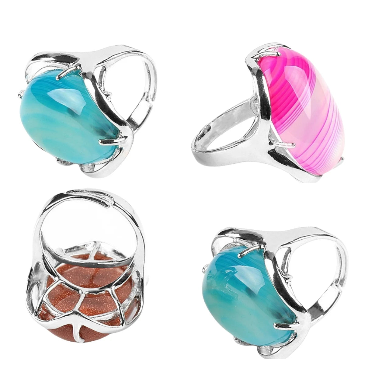 New Arrivals Vintage Fashionable Large Oval Shaped Natural Smooth Stone Adjustable Ring for Women