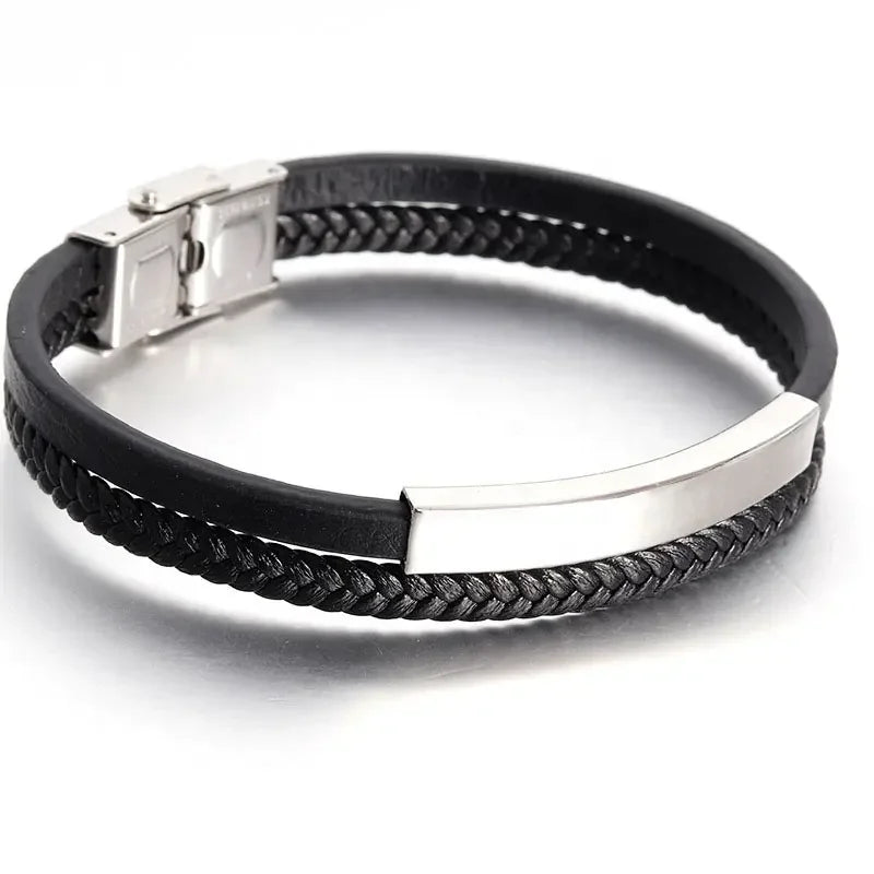 Fashion Braided Wristband Bangle Blank Leather Stainless Steel Bracelet Man and Woman Lettering Plain Bar Engraved Logo OT-029