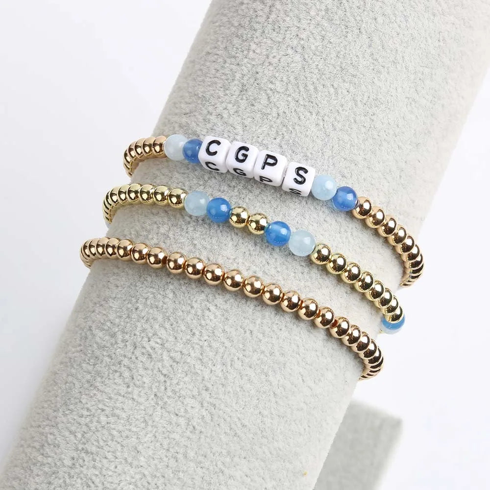 Custom DIY Bohemian Style Square Letter Bracelet Set Gold Bead Blue Natural Stone Perfect Summer Beach Accessories for Femme