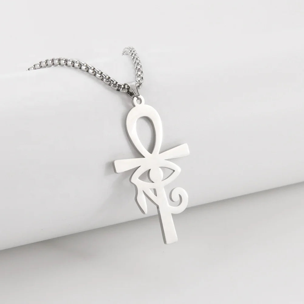 Ankh Cross Eye of Horus Egyptian Protection Charm Religious Pendant Amulet Vintage Gold Color Jewelry Stainless Steel Necklace