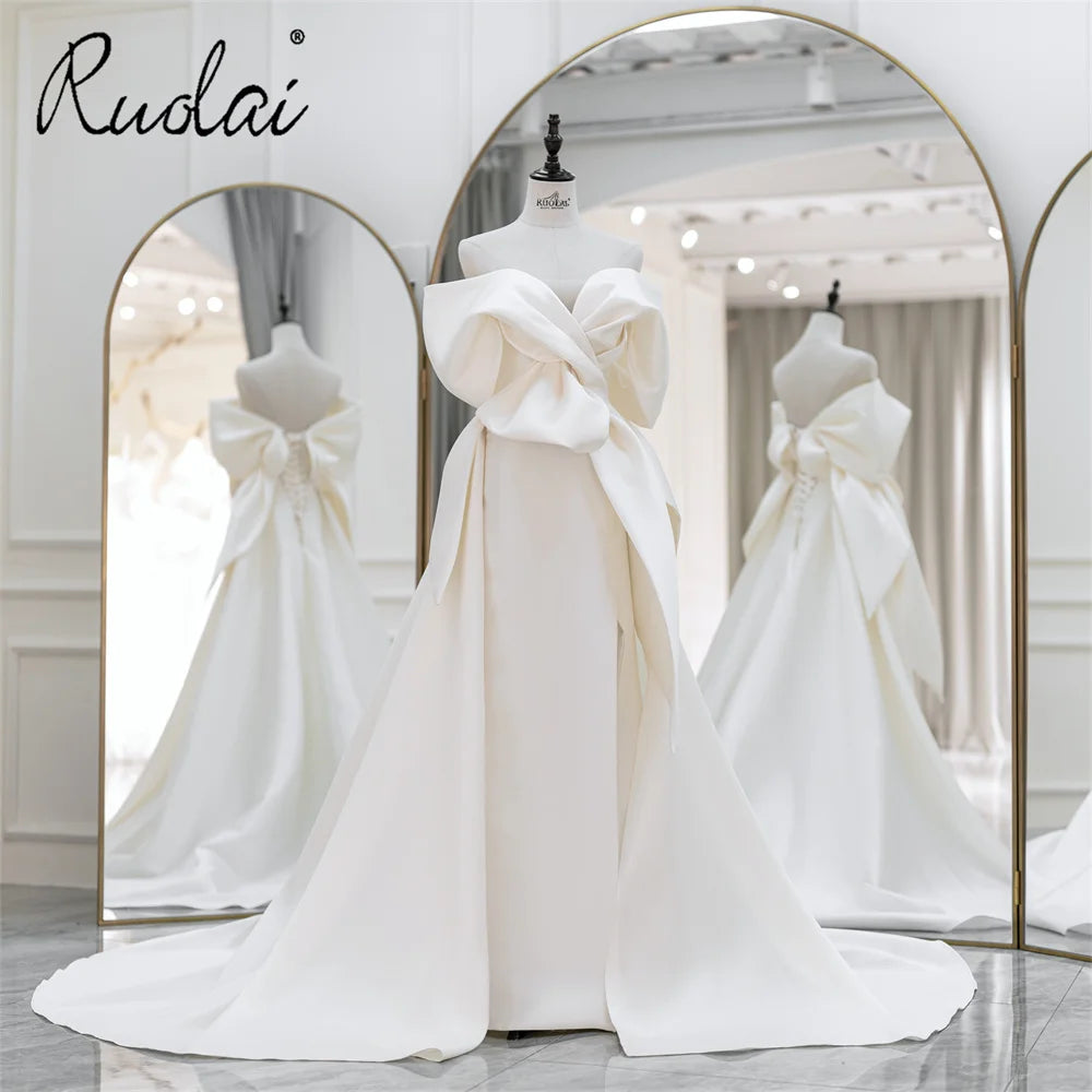 Ruolai QD06213 Sleeveless Sweetheart Off Shoulder Satin Wedding Dress With Slit