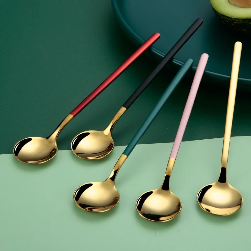 Custom LOGO Stainless Steel Coffee Spoon Long Handle Stirring Teaspoon Golden Ice Cream Dessert Dinner Spoon Cutlery Tableware