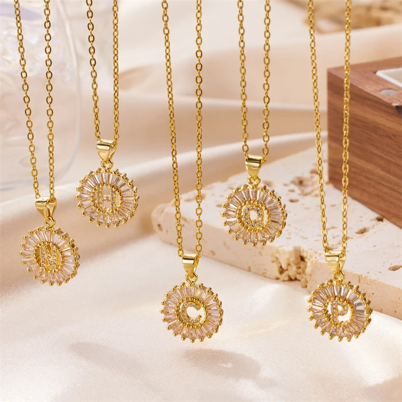 New Custom Letter Pendant Gold Plated Stainless Steel O Shape Link Chain 26 Initial Letter Round Zircon Pendant Necklace Set