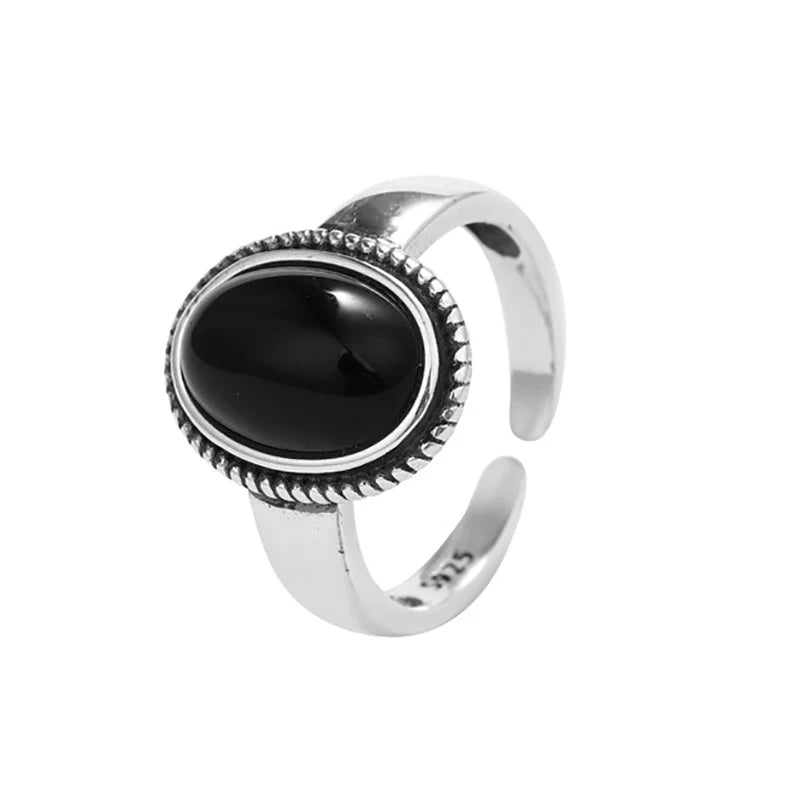 Vintage 925 Sterling Silver Men and Women Rings with Oval Natural Agate Black Stone Adjustable Size Opening Type