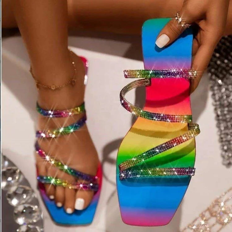 Women's Fashion Trend Shiny Diamond Color Changing Flat Pearl Upper Strap Closure Anti-Slip Slides Autumn/Spring/Summer