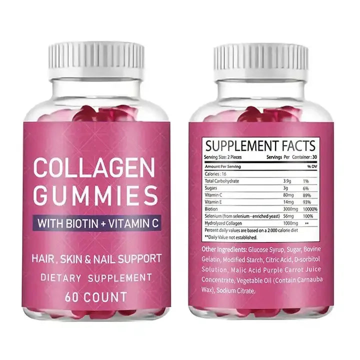 Manufacturer's Anti-Aging Supplement Gummies for Adults Collagen Biotin Vitamin C Beauty Product Gummy Candy Dosage Bottle