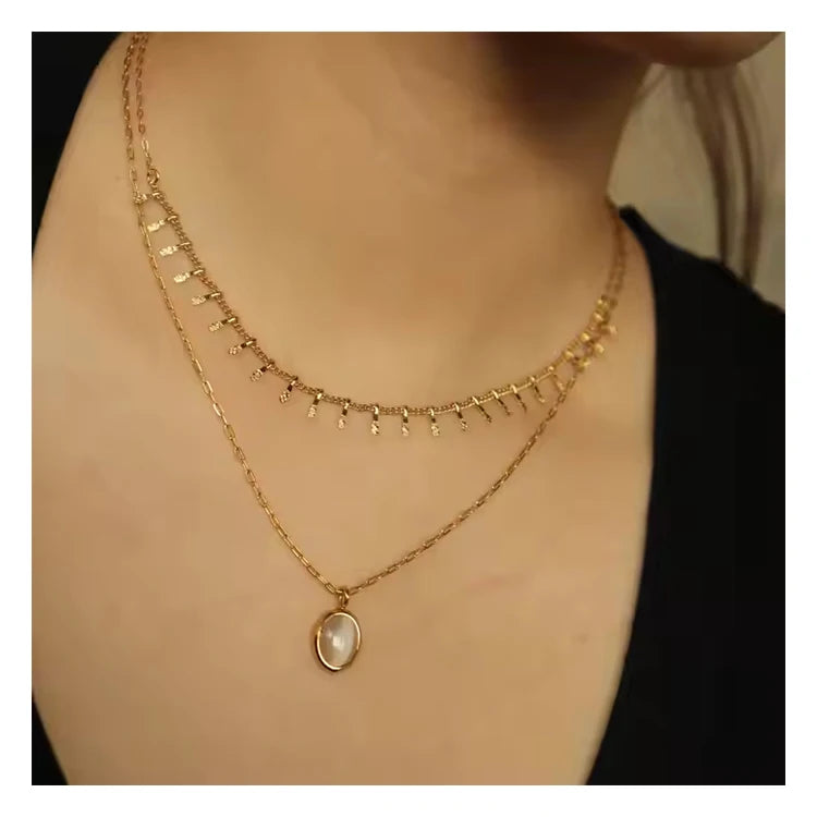Chris April Fashion Jewelry PVD Gold Plated 316L Stainless Steel Cat's Eye Oval Gemstone Pendant Necklace