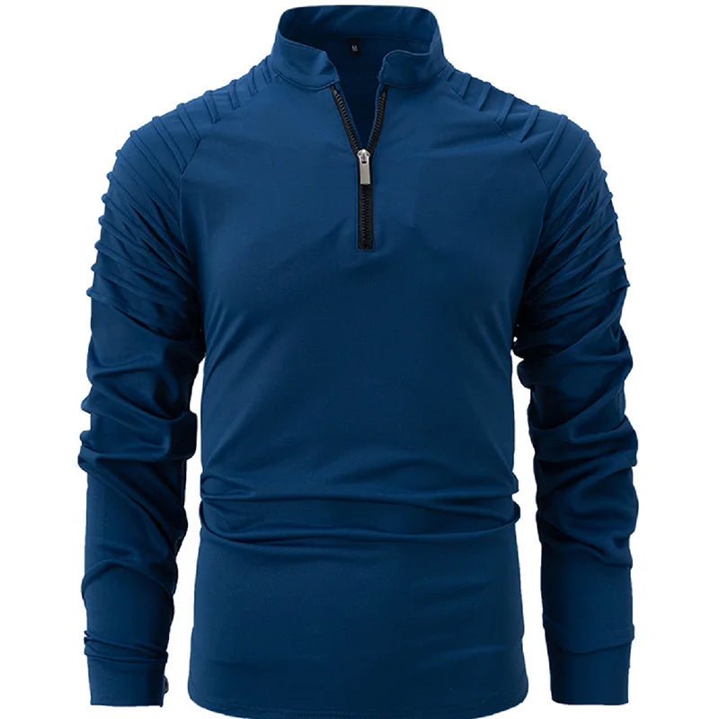 RNSHANGER New Men's Long Sleeve T-shirts Fashion Slim Shoulder Pleated Half Zipper Stand Collar Pullovers Male Casual T Shirts