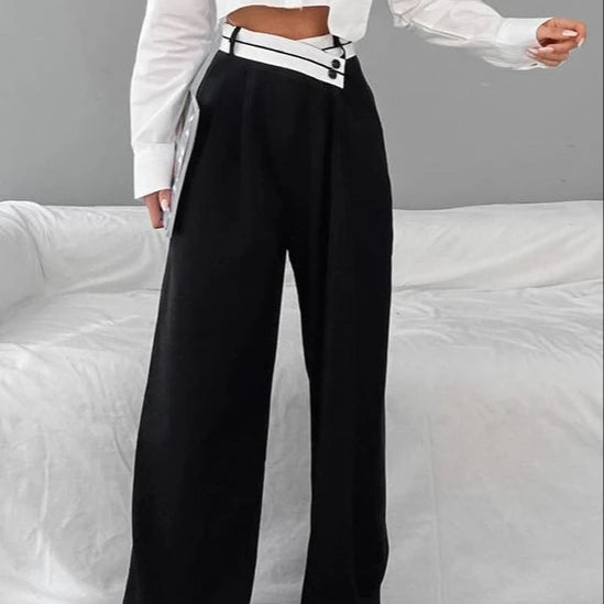 Enyami Women Urban Wear Streetwear Work Leisure Business Casual Official Trousers Ladies Patchwork High Waist Wide Leg Pants