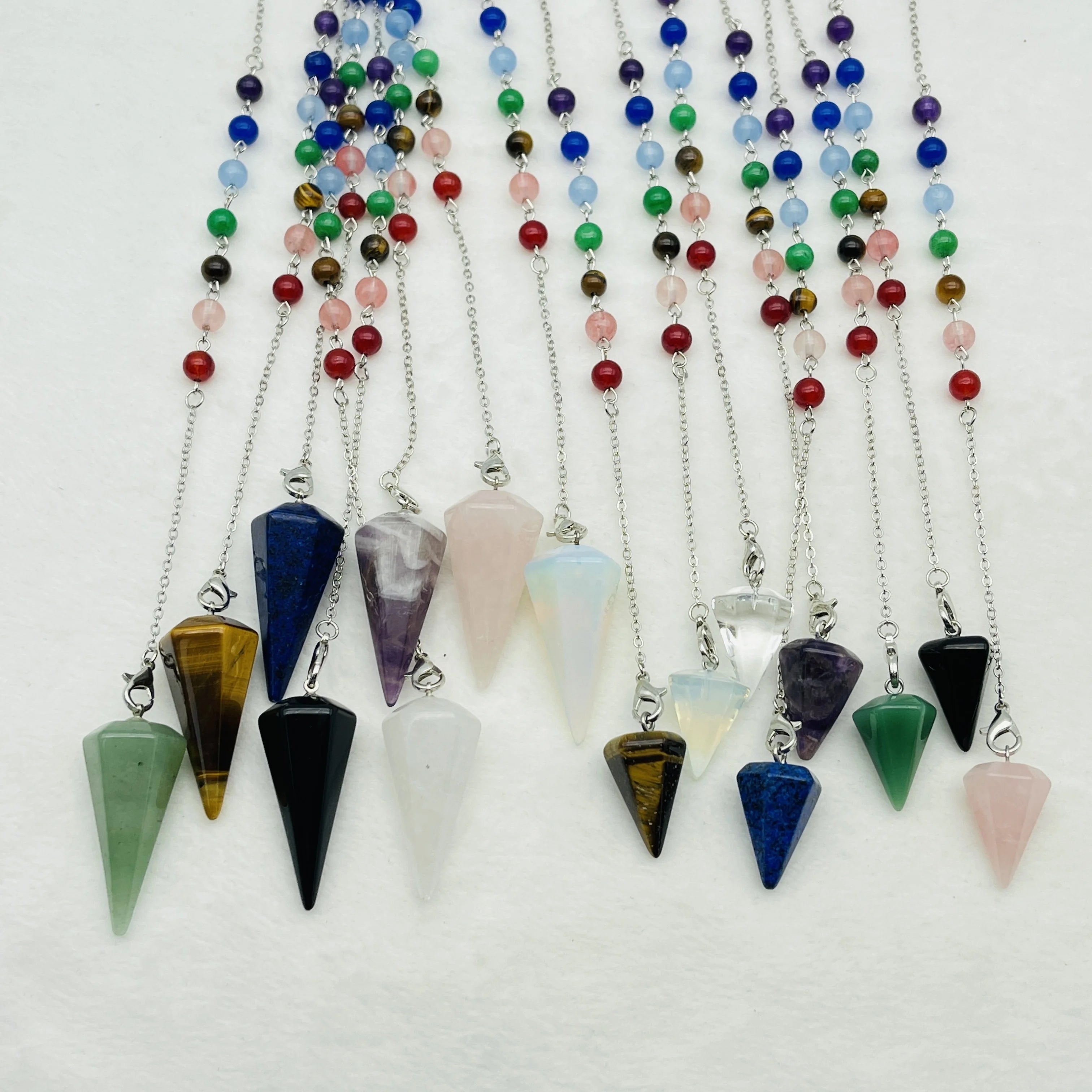 Natural 7 Chakra Reiki Meditation Stone Pendant Rose Quartz Pendant Point Energy Crystal Pendulum Amethyst Necklaces
