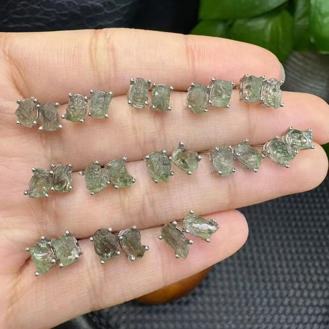 Handmade Healing Crystal Quartz Jewelry S925 Silver Natural  Czech Meteorite Stud Earrings for Prevent Negative Energy