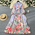 LW0934 2025 Spring New Dress Women Stand Collar Waist Lantern Sleeve Printed Dress Elegant Party Dresses Woman