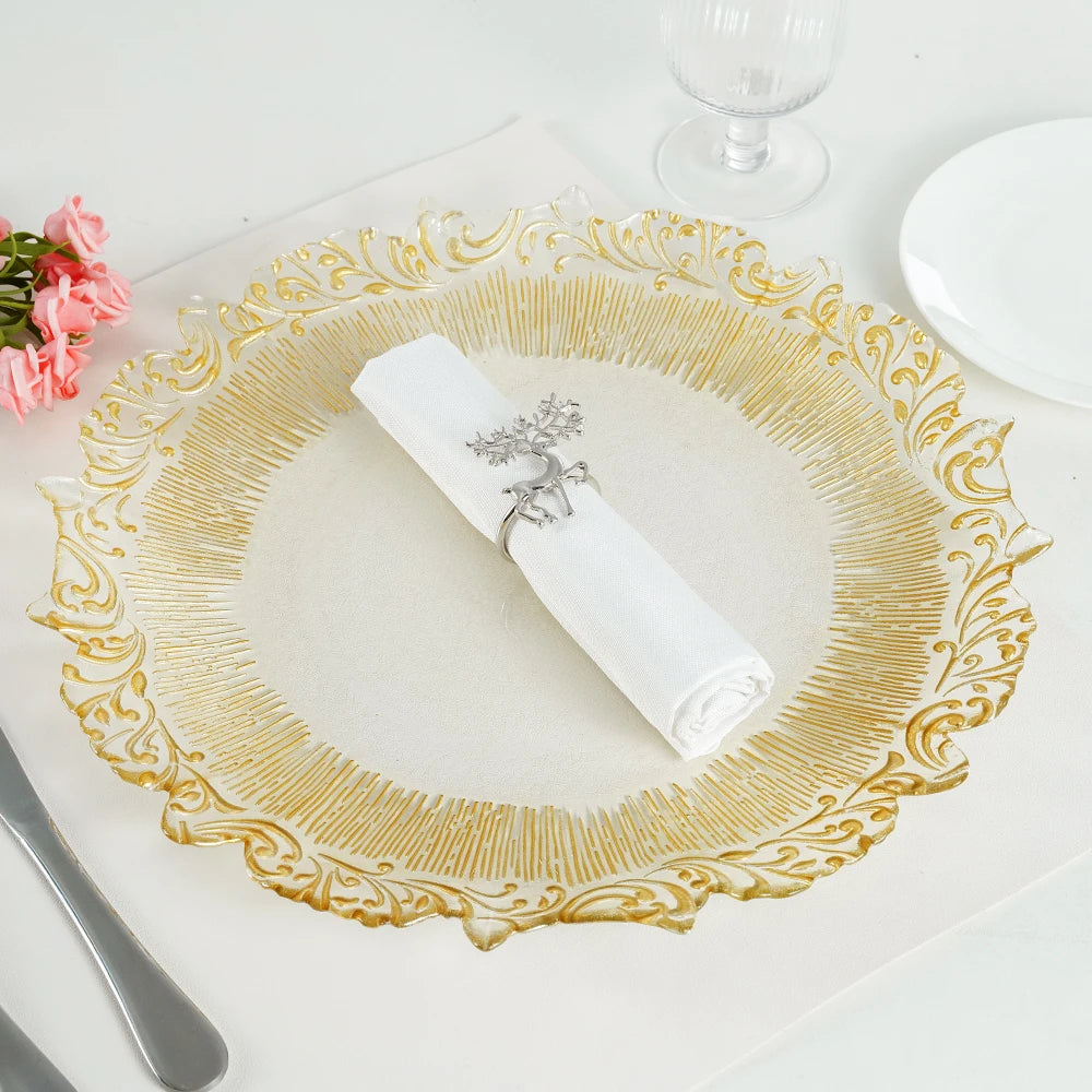 Wholesale Wedding Decorative Charger Plates Nordic 13Inch Irregular Gold Silver Rose Gold Edge Glass Charger Plates for Events