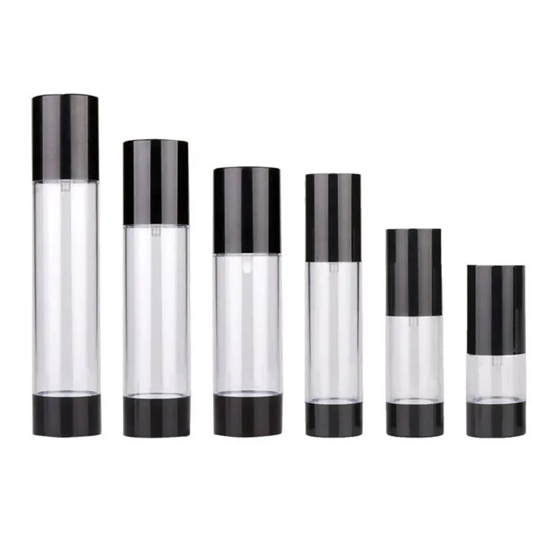 In Stock 15ml 30ml 50ml 80ml 100ml 120ml  Black Clear Round Airless Pump Bottle Plastic Spray Cosmetics Bottle for Lotion Serum