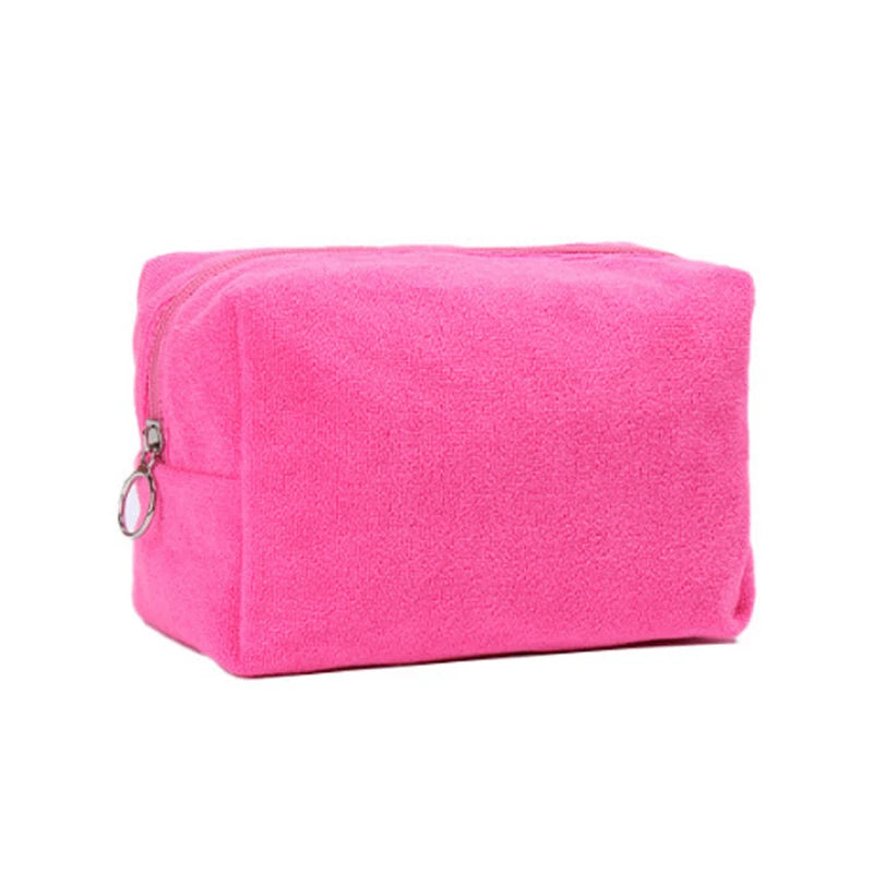 Custom Logo Pink Girls Washable Towel Fabric Makeup Bag Terry Zipper Pouch Travel Towelling Cosmetic Bag for Women