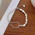 925 Silver French Vintage Baroque-style Pearl Bracelet Featuring a Heart-shaped Pendant Delicate Chain and Chain Link Design
