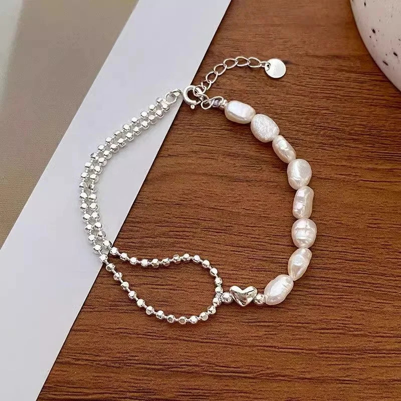 925 Silver French Vintage Baroque-style Pearl Bracelet Featuring a Heart-shaped Pendant Delicate Chain and Chain Link Design