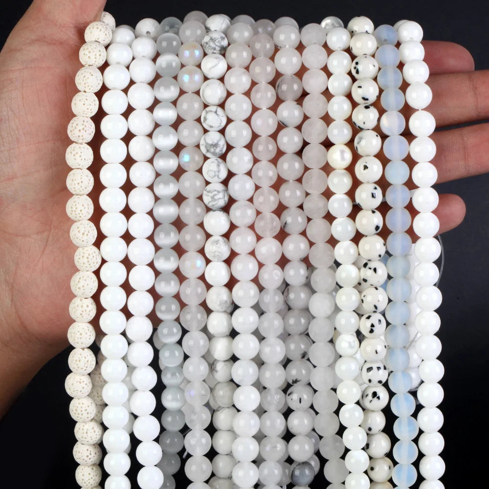 AsVrai U Natural Stone Beads White Quartz Jade Agate Jasper Silver Color Gemstone Beads for Jewelry Making Findings DIY Bracelet